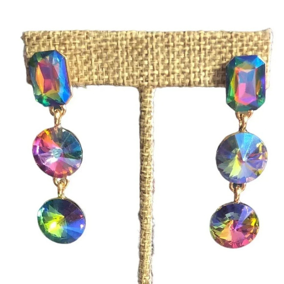 NATASHA 2" H x 1/2" W Pierced Arora Borealis Daggle Women's Earrings New - Picture 2 of 6